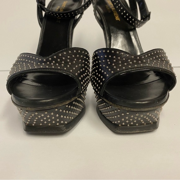 YSL Saint Laurent ankle strap studded sandals heels leather black 37.5 - Picture 8 of 11